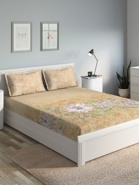 

DDecor Gold-Coloured Floral 140 TC Cotton 1 Queen Bedsheet with 2 Pillow Covers