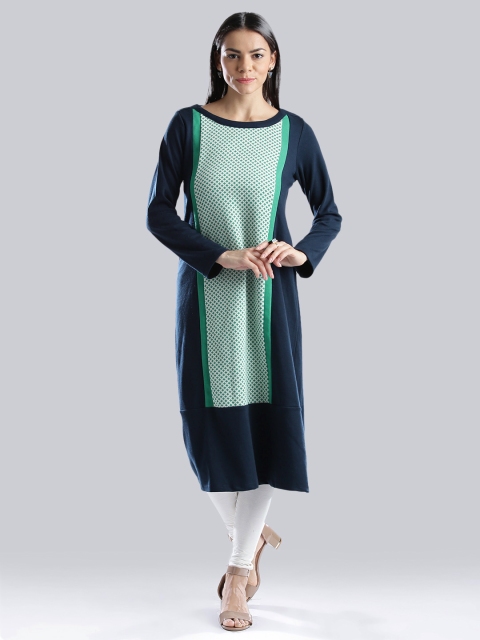 

W Navy & Green A-Line Winter Kurta with Knitted Pattern, Navy blue