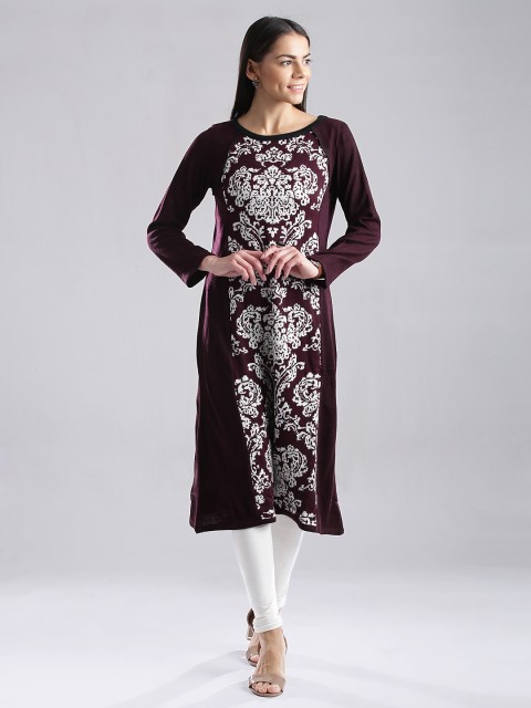 

W Burgundy A-Line Winter Kurta with Knitted Pattern