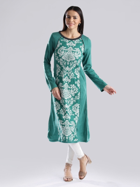 

W Green & Off-White Panelled A-Line Winter Kurta