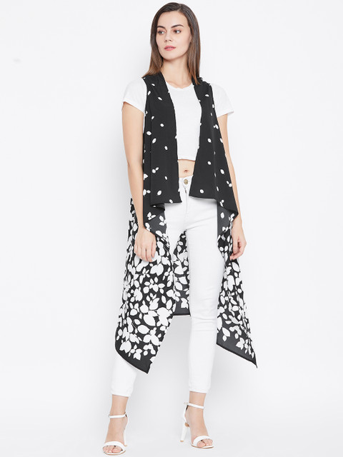 

Cottinfab Women Black & White Printed Longline Waterfall Shrug
