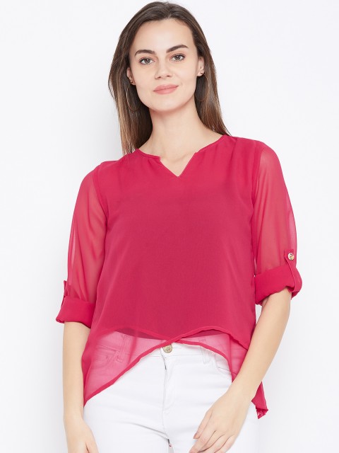 

Cottinfab Women Pink Solid Semi-Sheer High-Low Top