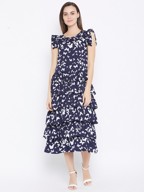 

Cottinfab Women Navy Blue & White Printed A-Line Tiered Dress