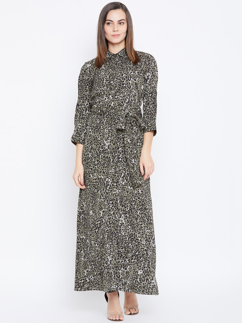 

Cottinfab Women Olive Green & Black Animal Print Maxi Dress