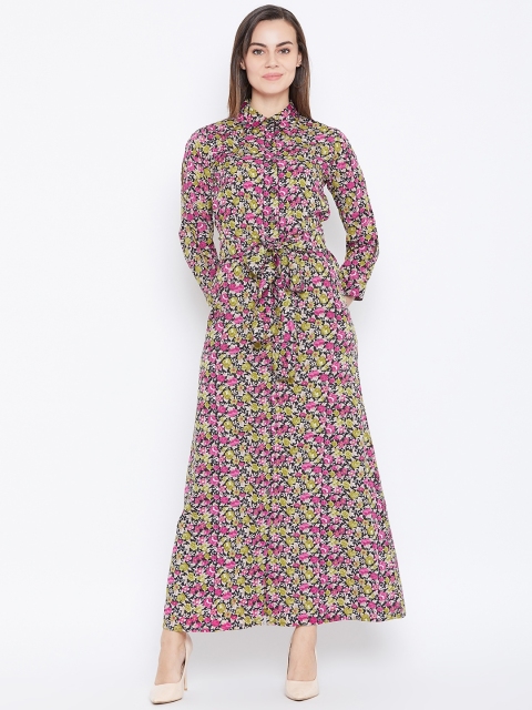 

Cottinfab Women Black & Pink Floral Printed Maxi Dress