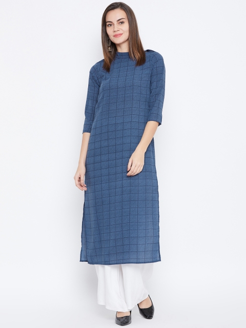 

Cottinfab Women Navy Blue Checked Straight Kurta