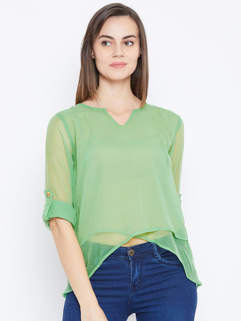 

Cottinfab Women Green Solid Semi-Sheer High-Low Top