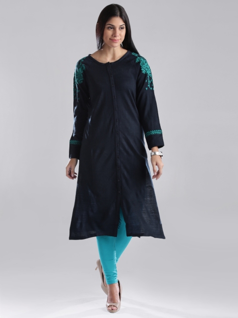 

W Navy Winter Kurta with Embroidered Design, Navy blue