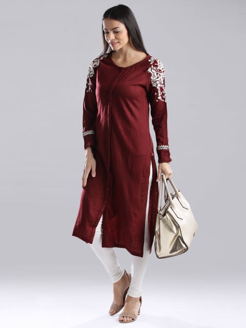 

W Maroon Winter Kurta with Embroidered Detail