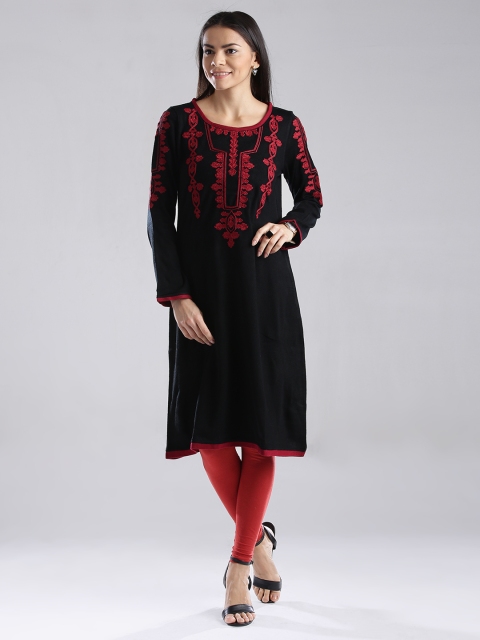 

W Black Embroidered A-Line Winter Kurta