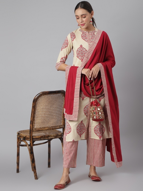 

Khushal K Women Beige Printed Kurta with Palazzos & Dupatta