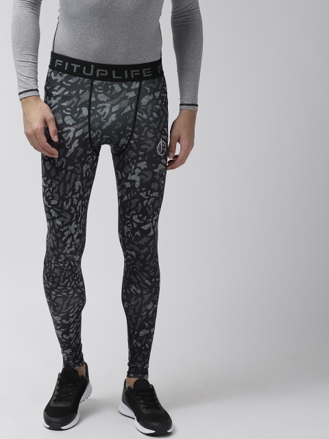 

FITUP LIFE Men Charcoal Grey & Black Printed Compression Tights
