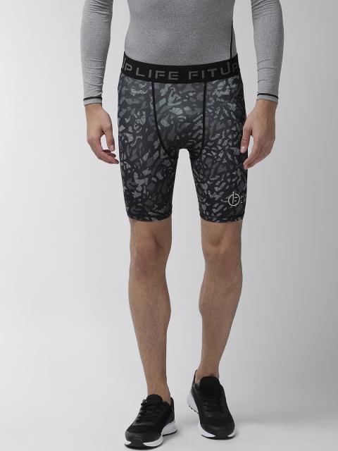 

FITUP LIFE Men Black & Charcoal Grey Printed Skinny Fit Compression Gym Shorts