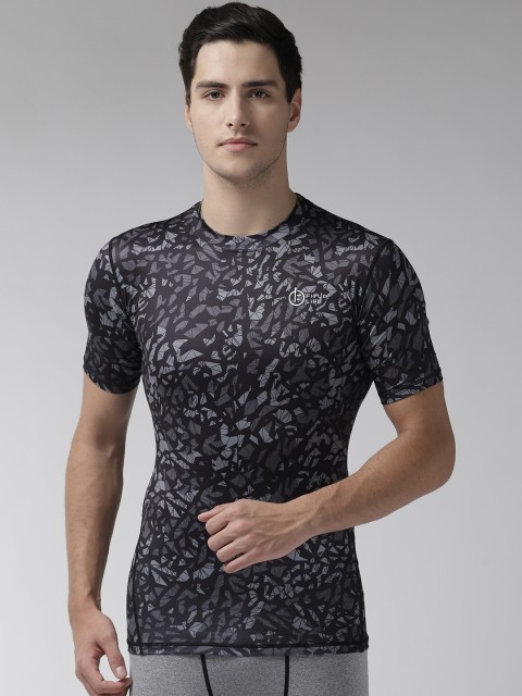 

FITUP LIFE Men Black & Grey Compression Fit Printed Round Neck Gym T-shirt
