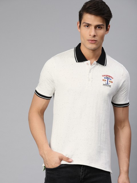 

American Crew Men Off-White Self Design Polo Collar T-shirt
