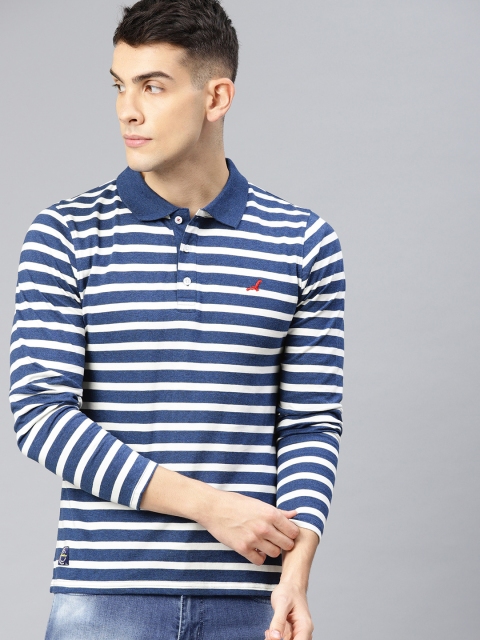 

American Crew Men Navy Blue & White Striped Polo Collar T-shirt