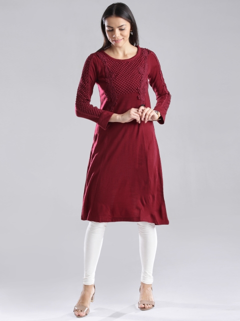 

W Maroon A-Line Winter Kurta with Crochet Detail