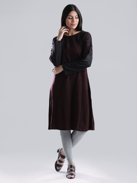 

W Burgundy A-Line Winter Kurta with Applique Detail