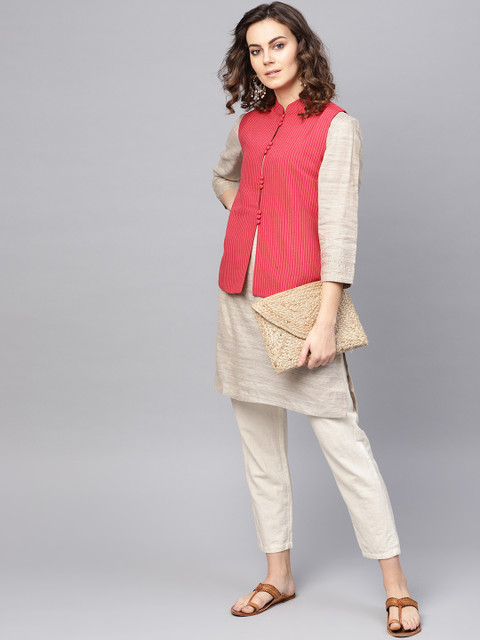 

RARE ROOTS Women Red & Off-White Self Striped Ethnic Jacket