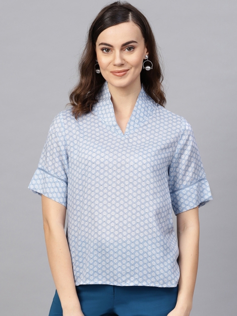 

RARE ROOTS Women Blue & White Printed Top