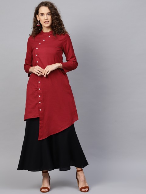 

RARE ROOTS Women Maroon Solid Asymmetric Angrakha A-Line Kurta