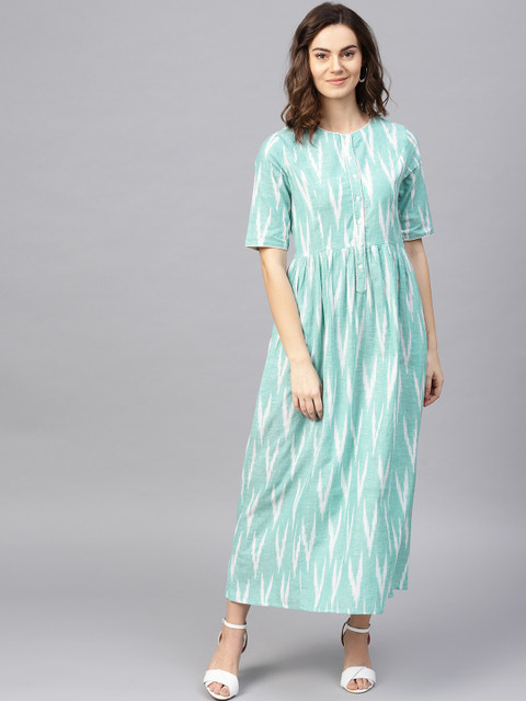 

RARE ROOTS Women Green & White Ikat Patterned Maxi Dress