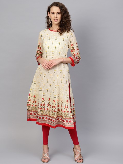 

RARE ROOTS Women Cream-Coloured & Beige Printed Straight Kurta