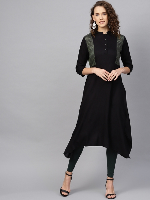 

RARE ROOTS Women Black & Olive Green Yoke Design A-Line Kurta