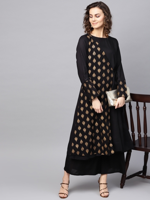 

RARE ROOTS Women Black & Golden Khari Print A-Line Layered Kurta