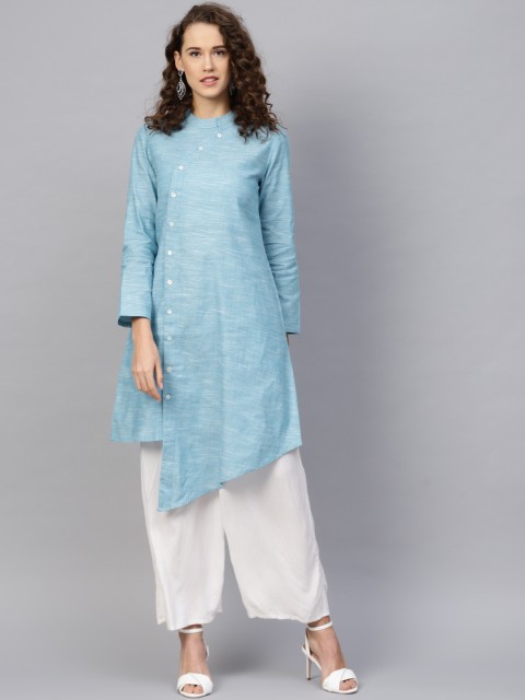

RARE ROOTS Women Blue Woven Design Angrakha Asymmetric A-Line Kurta