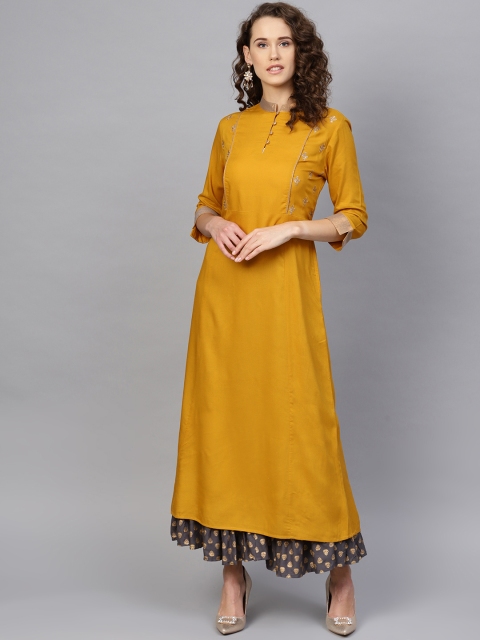 

RARE ROOTS Women Mustard Yellow Solid A-Line Kurta