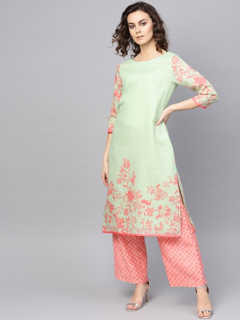 

RARE ROOTS Women Green & Peach-Coloured Printed Kurta with Palazzos