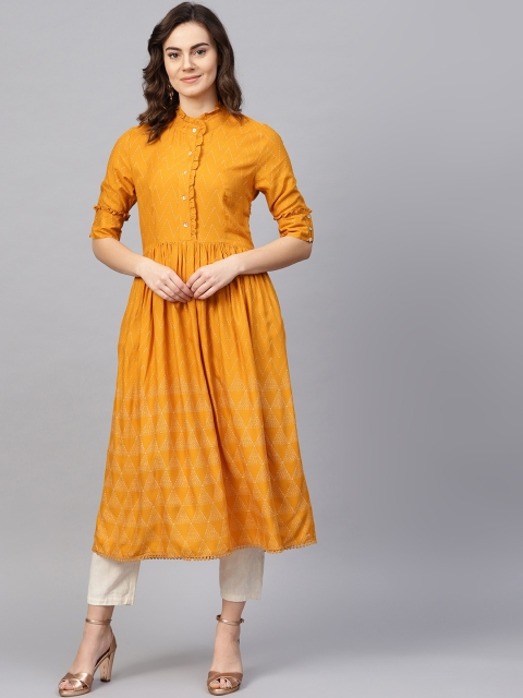 

RARE ROOTS Women Mustard Yellow & White Printed A-Line Kurta