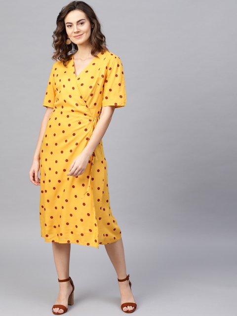 

RARE ROOTS Women Mustard Yellow & Maroon Polka Dot Print Wrap Dress
