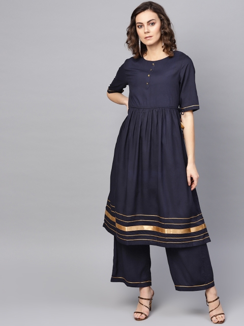

RARE ROOTS Women Navy Blue Solid Kurta with Palazzos