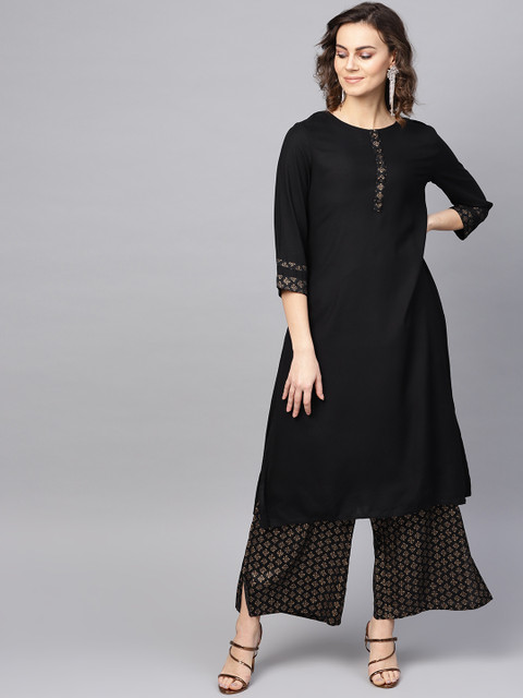 

RARE ROOTS Women Black Kurta with Palazzos