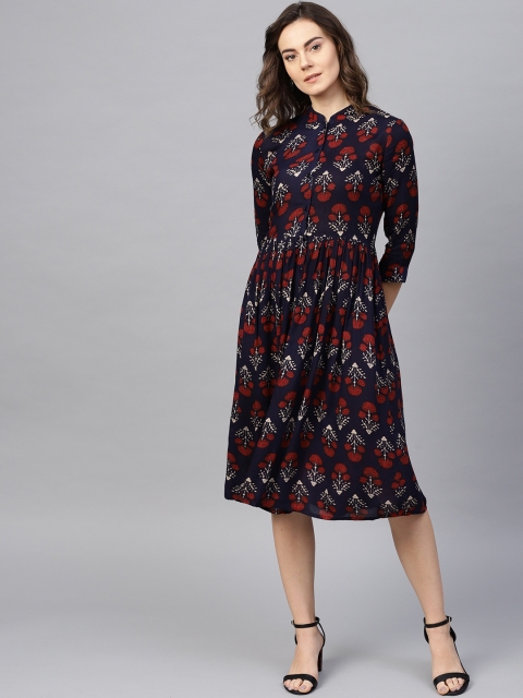 

RARE ROOTS Women Navy Blue & Red Printed A-Line Dress