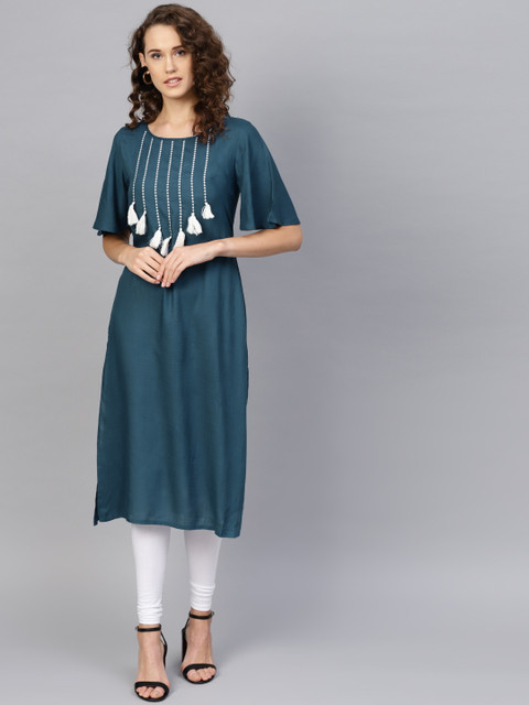 

RARE ROOTS Women Teal Blue Solid Straight Kurta