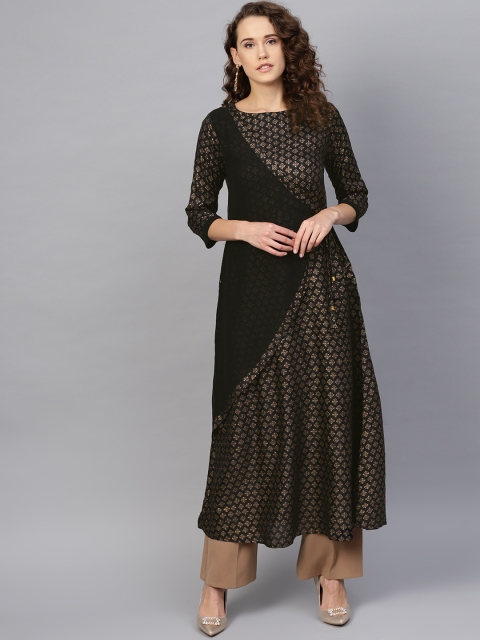 

RARE ROOTS Women Black & Golden Printed A-Line Kurta