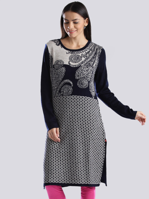 

W Navy & Off-White Winter Kurta, Navy blue