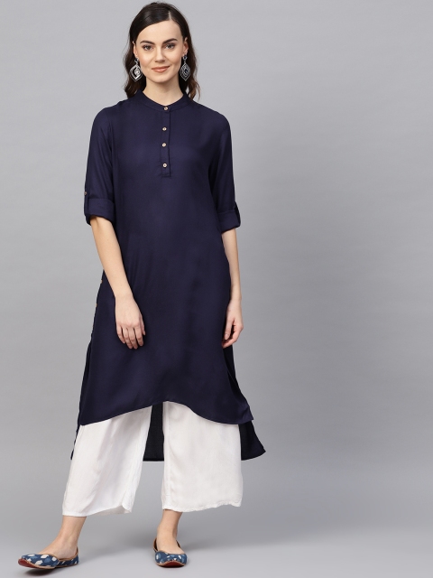 

RARE ROOTS Women Navy Blue Solid Straight Kurta