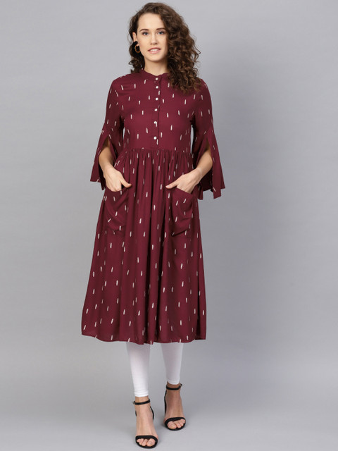 

RARE ROOTS Women Maroon & Off-White Printed A-Line Kurta