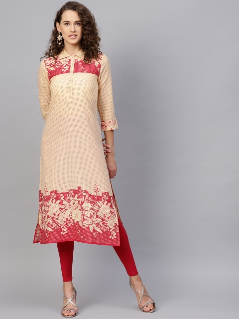 

RARE ROOTS Women Cream-Coloured & Pink Printed Straight Kurta