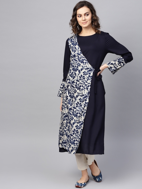 

RARE ROOTS Women Navy Blue & Off-White Floral Print Layered Kurta