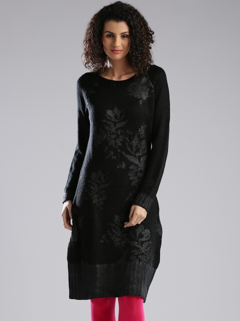 

W Black Printed A-Line Winter Kurta