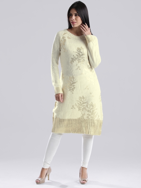 

W Cream-Coloured Floral Print A-Line Winter Kurta