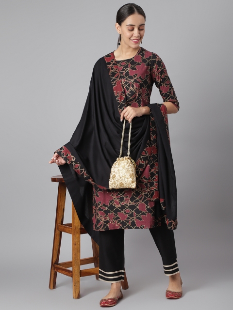 Women Black Printed Kurta with Palazzos & Dupatta