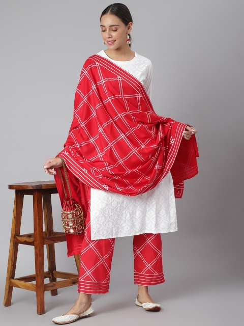 Women White & Red Printed Kurta with Palazzos & Dupatta