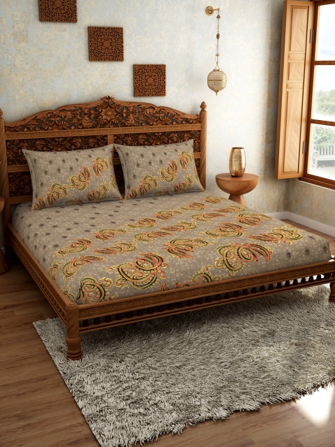 

SPACES Grey & Yellow Abstract 210 TC Cotton 1 King Bedsheet with 2 Pillow Covers