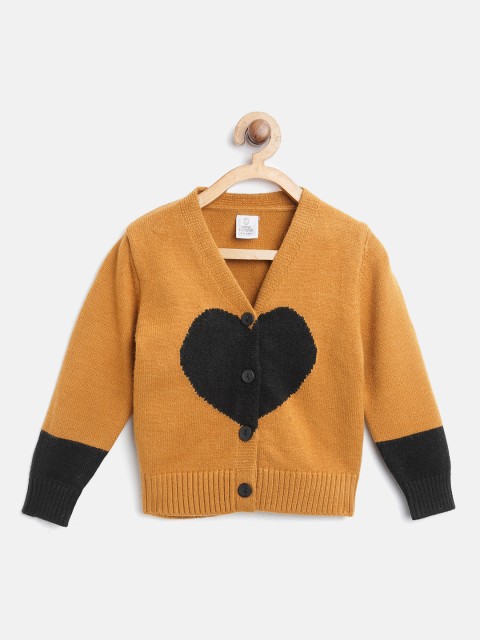 

AWW HUNNIE Kids Mustard Brown & Black Woollen Heart Patterned Cardigan